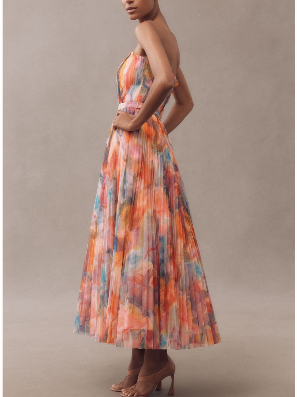 Hutch Strapless Belted Chiffon Pleated Floral Maxi Dress-Technicolor Watercolor